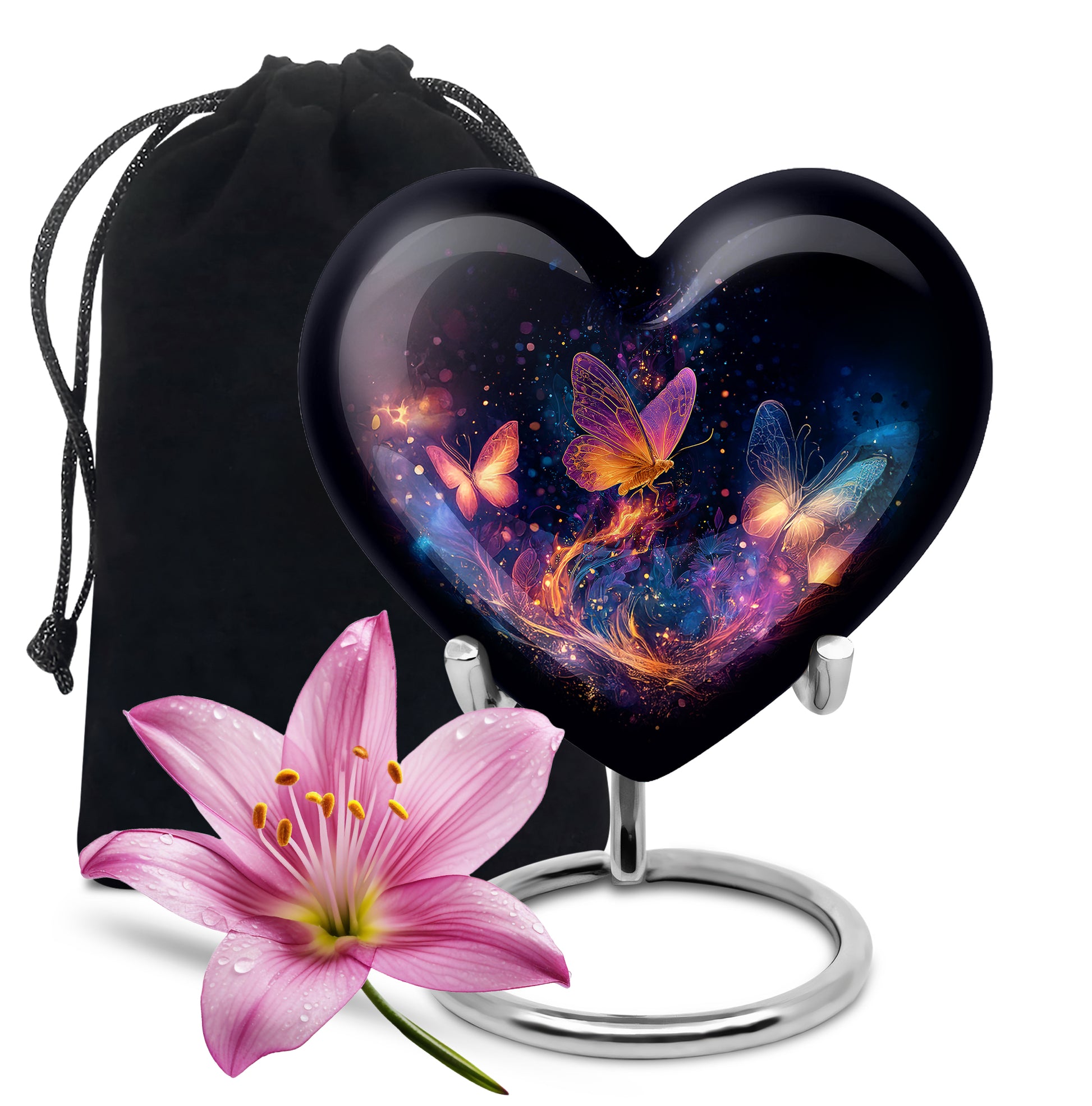 Jet Black Butterfly Cremation Urn detail view - heart-shaped butterfly design symbolizing eternal love - full-size 10 inch 200 cubic inch adult cremation urn