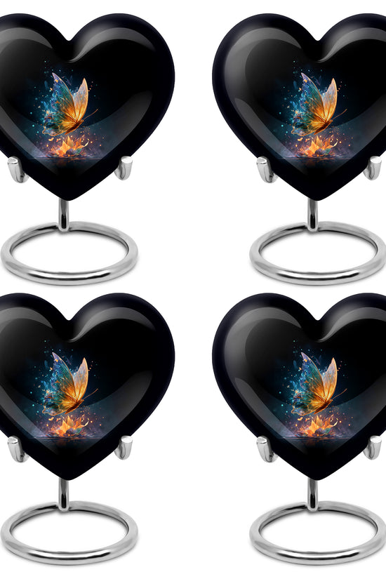 Obsidian Black Butterfly Cremation Urn angled view of lid and engraved motif - compassionate heart-butterfly combination with gentle curves - 10 inch aluminum urn for cremated remains