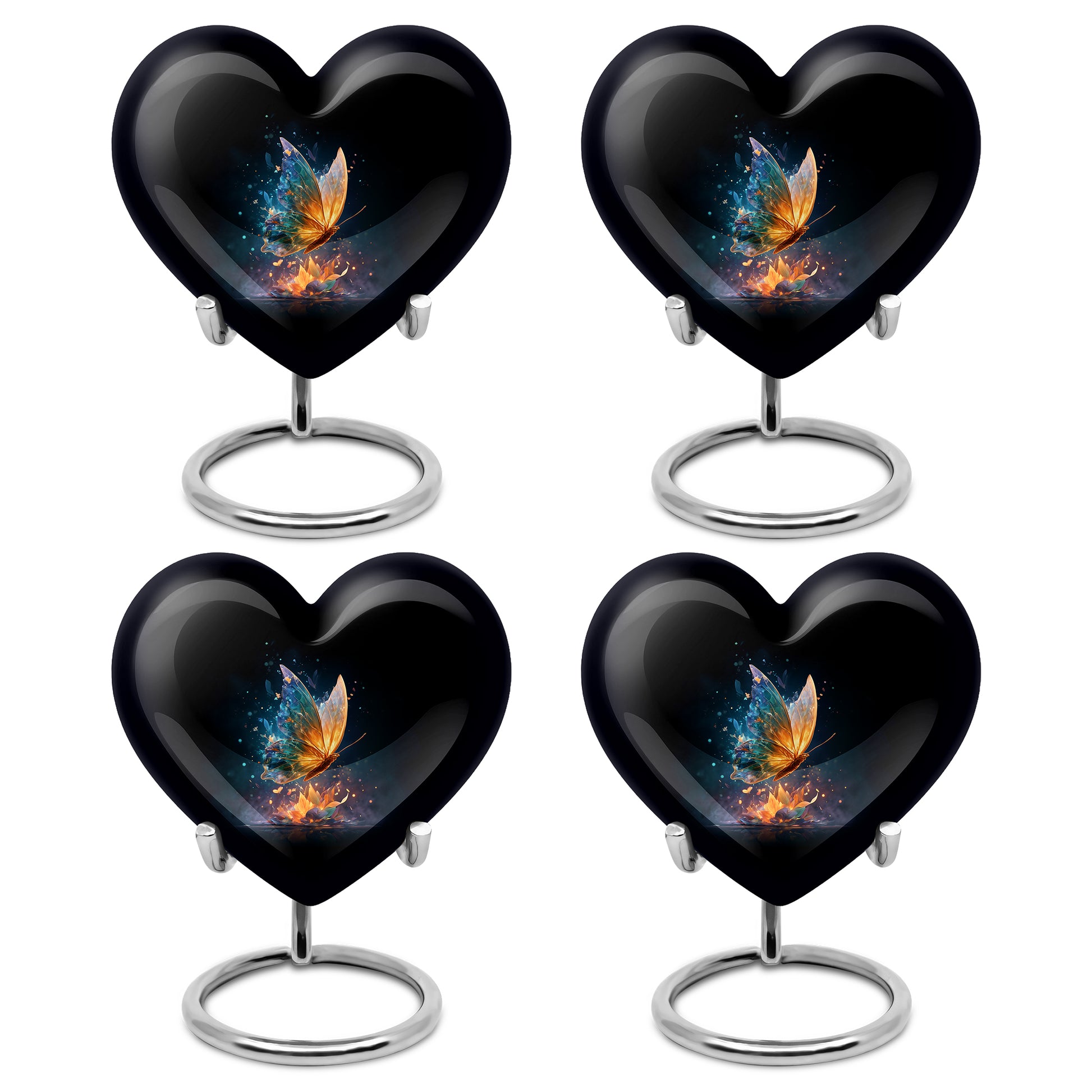 Obsidian Black Butterfly Cremation Urn angled view of lid and engraved motif - compassionate heart-butterfly combination with gentle curves - 10 inch aluminum urn for cremated remains