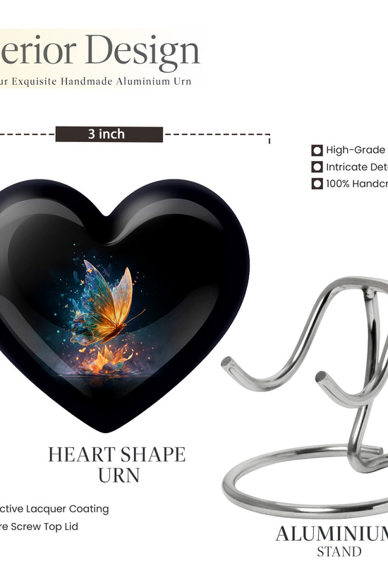 Glossy Black Butterfly Cremation Urn front view showing detailed design - heart-shaped butterfly design symbolizing eternal love - mini keepsake memorial for portion of cremation ashes