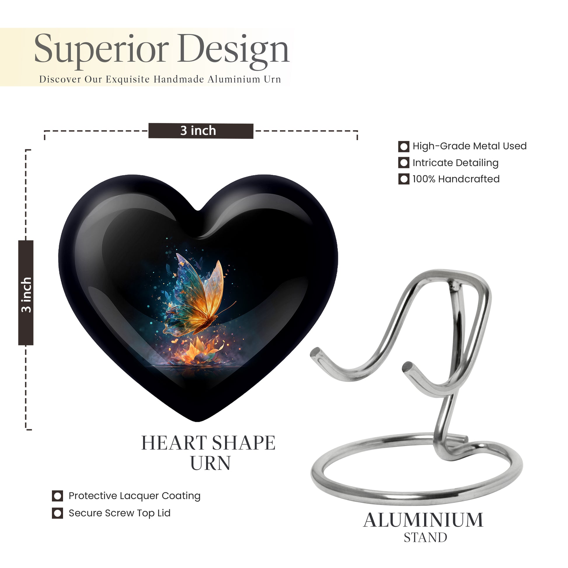 Glossy Black Butterfly Cremation Urn front view showing detailed design - heart-shaped butterfly design symbolizing eternal love - mini keepsake memorial for portion of cremation ashes