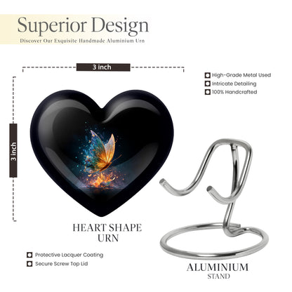 Glossy Black Butterfly Cremation Urn front view showing detailed design - heart-shaped butterfly design symbolizing eternal love - mini keepsake memorial for portion of cremation ashes