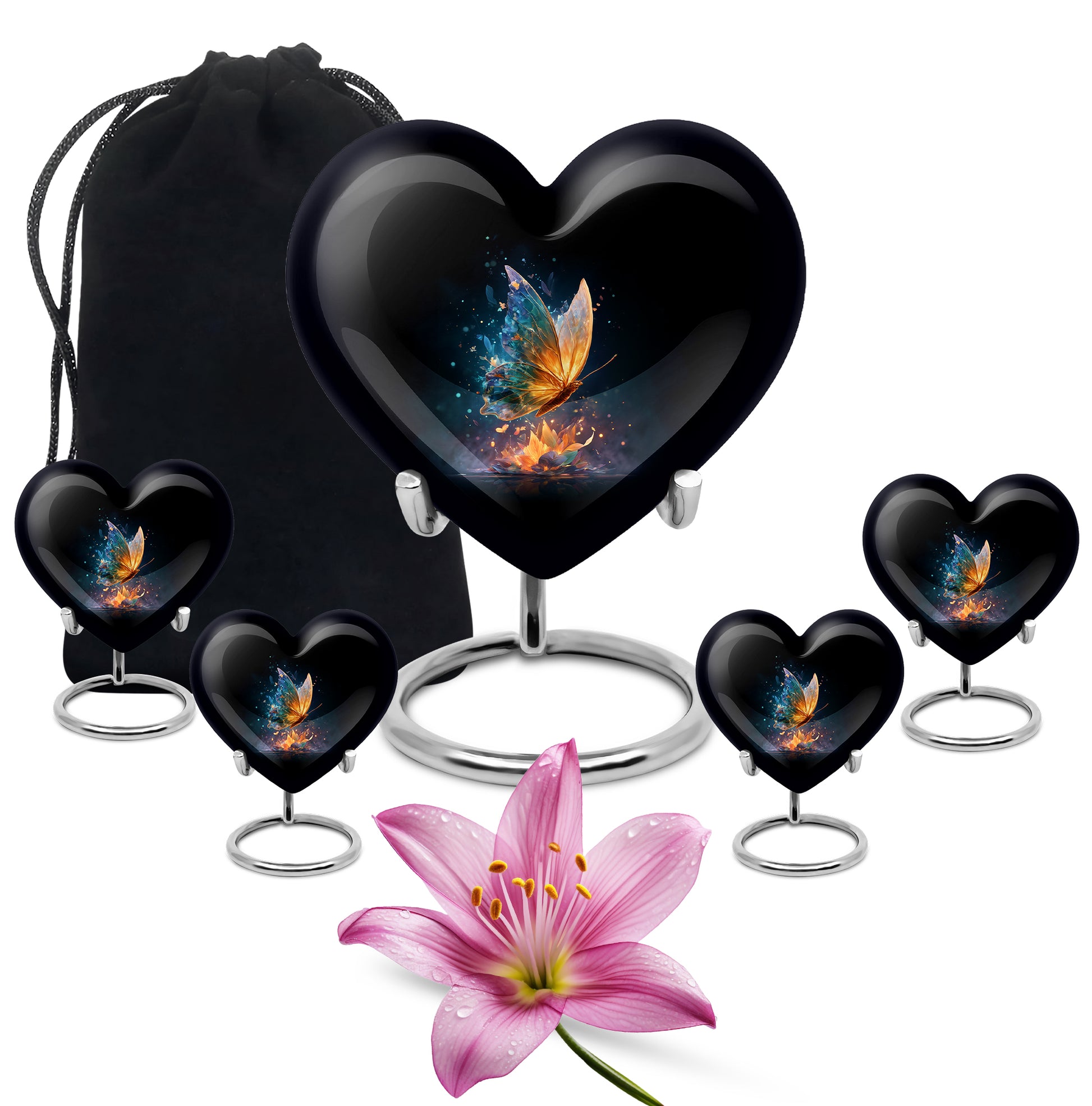 Glossy Black Butterfly Cremation Urn close-up of engraving and surface detail - heart-shaped butterfly design symbolizing eternal love - memorial set with one large and four small urns