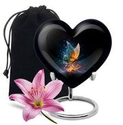 Dark Black Butterfly Cremation Urn detail view - compassionate heart-butterfly combination with gentle curves - full-size 10 inch 200 cubic inch adult cremation urn