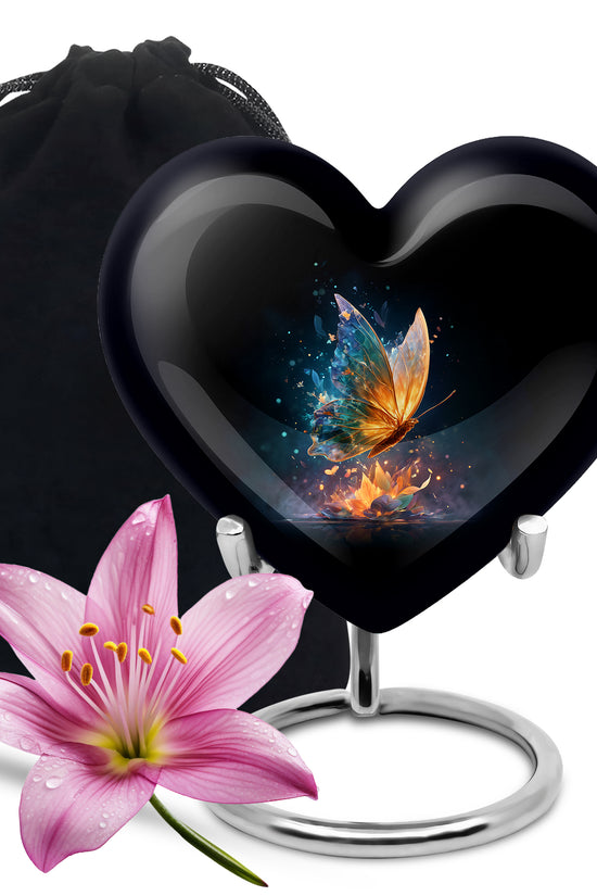 Dark Black Butterfly Cremation Urn detail view - compassionate heart-butterfly combination with gentle curves - full-size 10 inch 200 cubic inch adult cremation urn