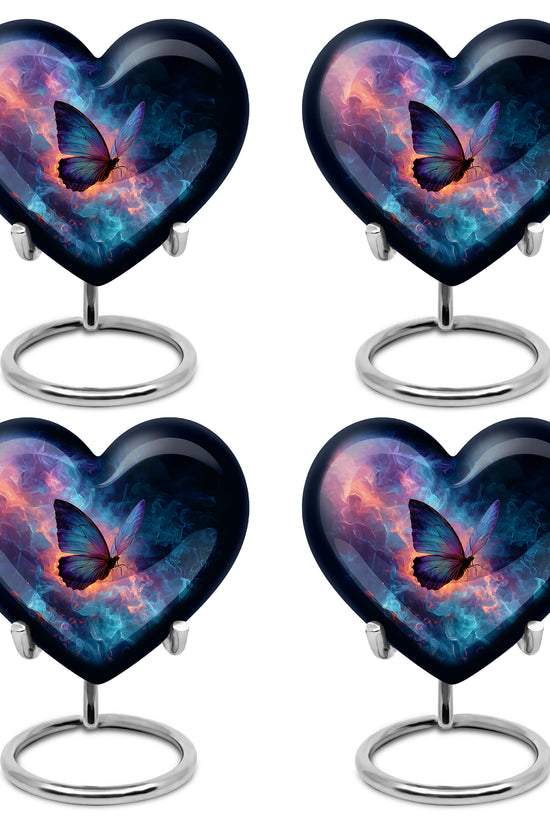 Pastel Blue Butterfly Cremation Urn angled view of lid and engraved motif - heart-shaped butterfly design symbolizing eternal love - 10 inch aluminum urn for cremated remains