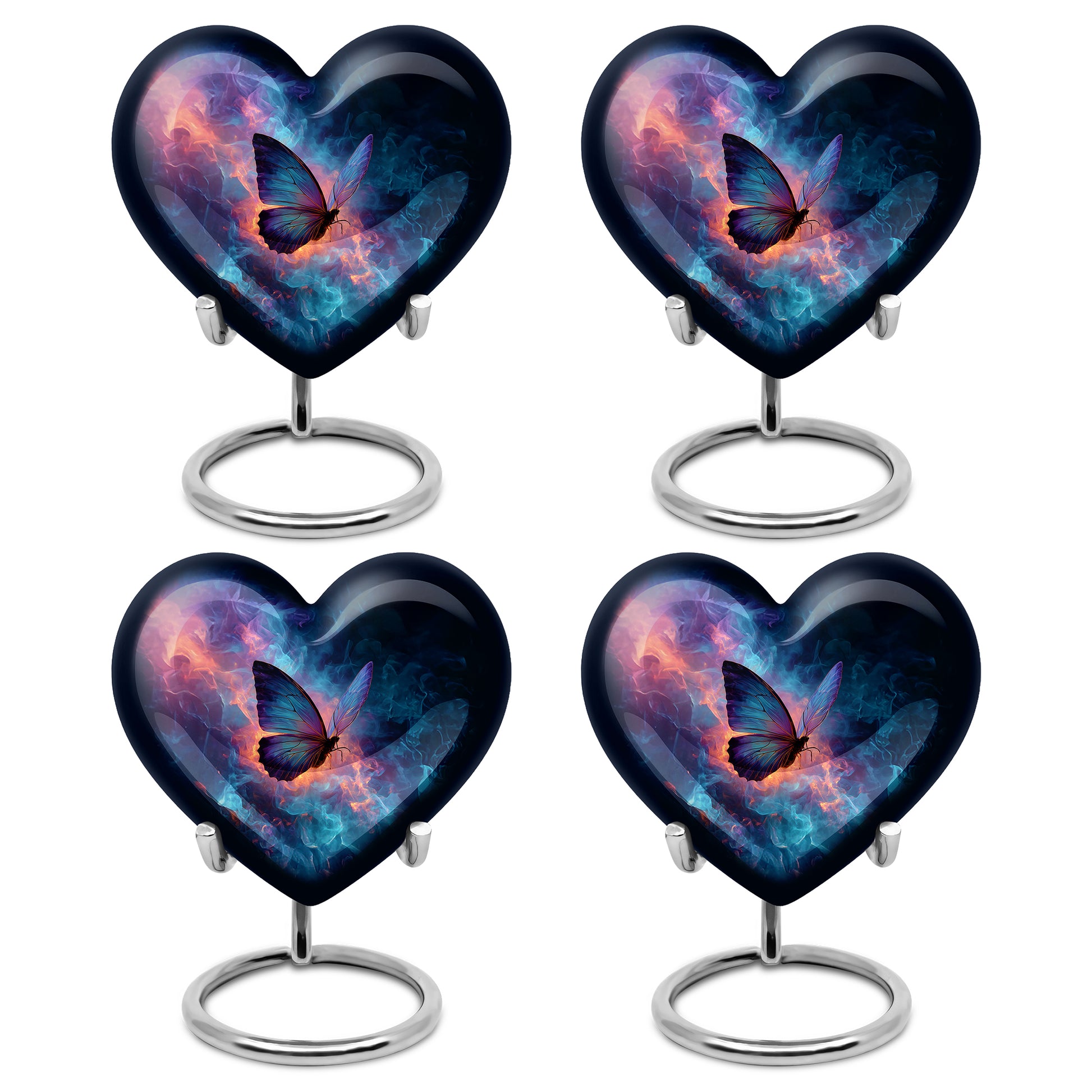 Pastel Blue Butterfly Cremation Urn angled view of lid and engraved motif - heart-shaped butterfly design symbolizing eternal love - 10 inch aluminum urn for cremated remains