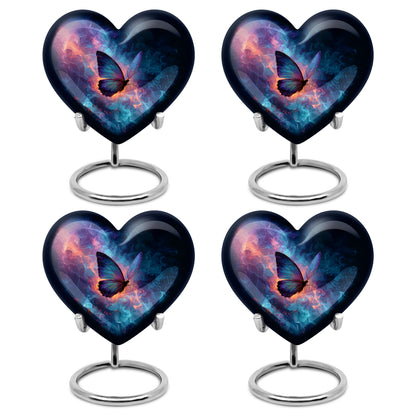Pastel Blue Butterfly Cremation Urn angled view of lid and engraved motif - heart-shaped butterfly design symbolizing eternal love - 10 inch aluminum urn for cremated remains