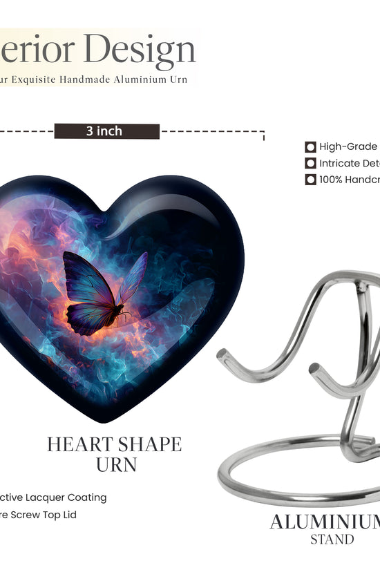 Cornflower Blue Butterfly Cremation Urn front view showing detailed design - romantic heart urn with butterfly motif on aluminum - mini keepsake memorial for portion of cremation ashes