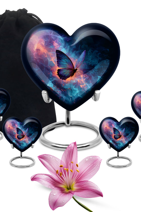 Bright Blue Butterfly Cremation Urn close-up of engraving and surface detail - romantic heart urn with butterfly motif on aluminum - memorial set with one large and four small urns
