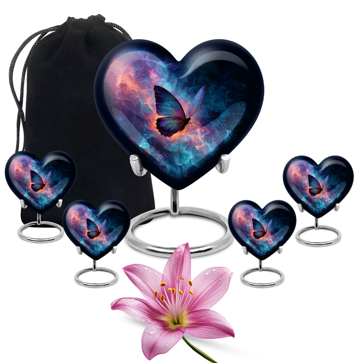 Bright Blue Butterfly Cremation Urn close-up of engraving and surface detail - romantic heart urn with butterfly motif on aluminum - memorial set with one large and four small urns