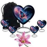 Bright Blue Butterfly Cremation Urn close-up of engraving and surface detail - romantic heart urn with butterfly motif on aluminum - memorial set with one large and four small urns