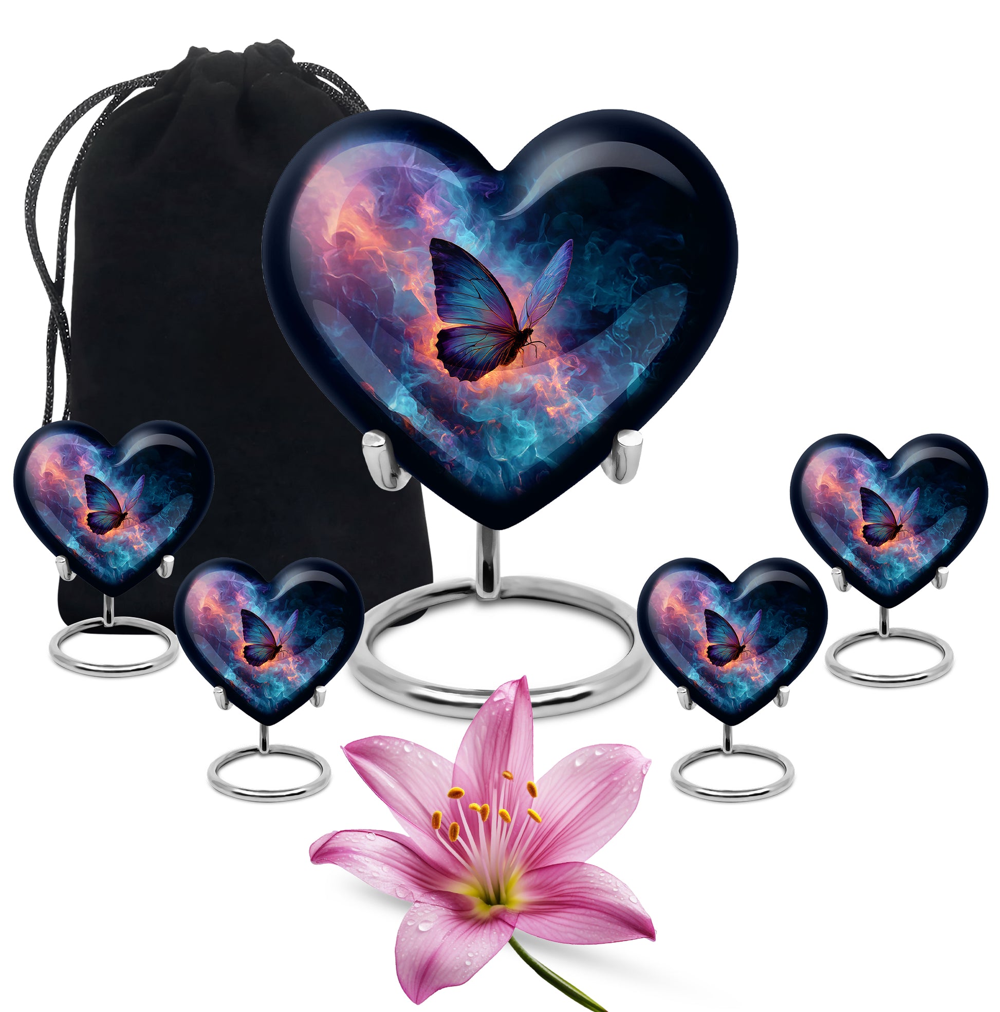 Bright Blue Butterfly Cremation Urn close-up of engraving and surface detail - romantic heart urn with butterfly motif on aluminum - memorial set with one large and four small urns