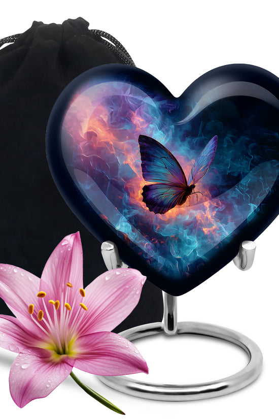 Serene Blue Butterfly Cremation Urn detail view - romantic heart urn with butterfly motif on aluminum - full-size 10 inch 200 cubic inch adult cremation urn