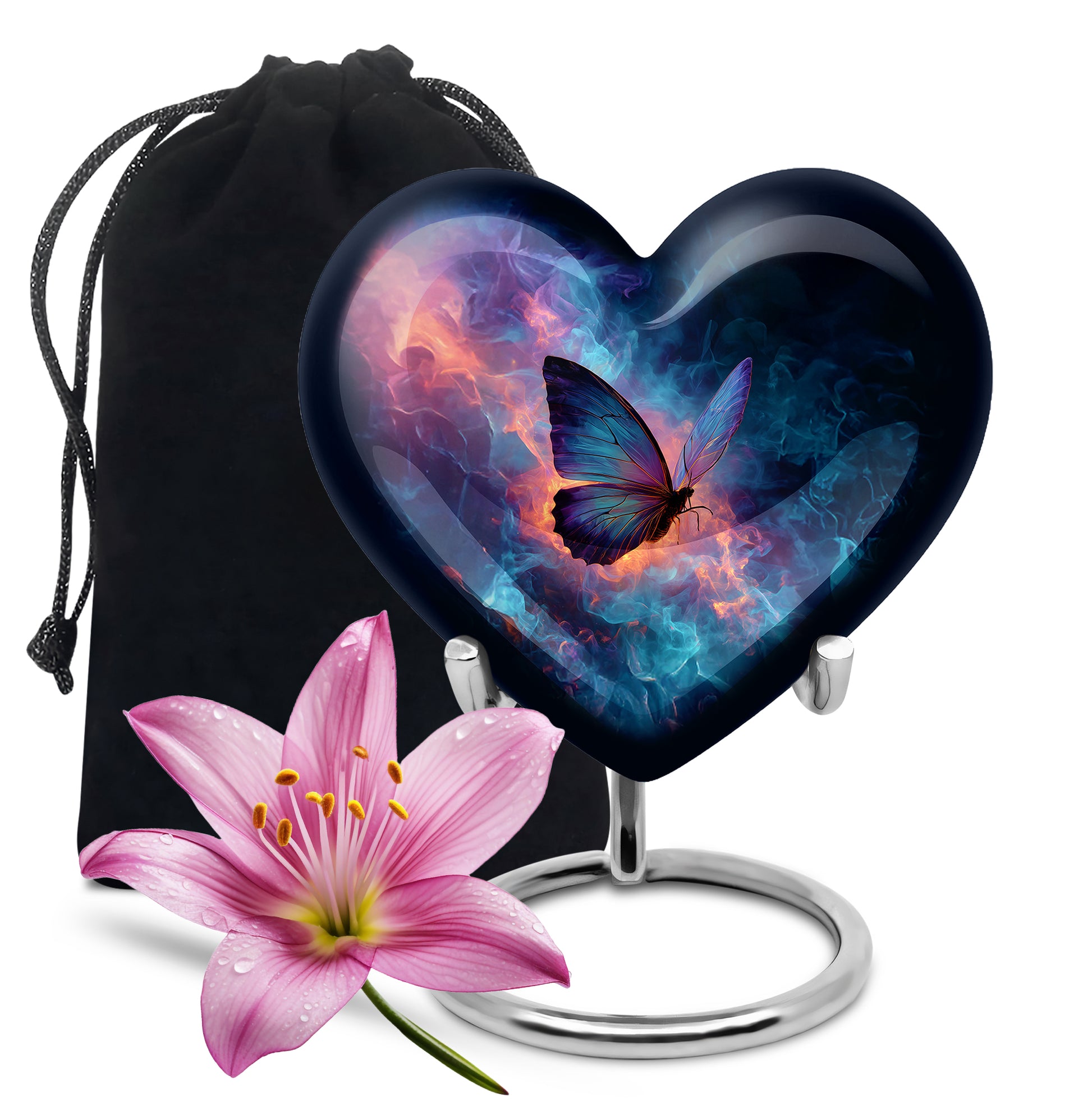 Serene Blue Butterfly Cremation Urn detail view - romantic heart urn with butterfly motif on aluminum - full-size 10 inch 200 cubic inch adult cremation urn
