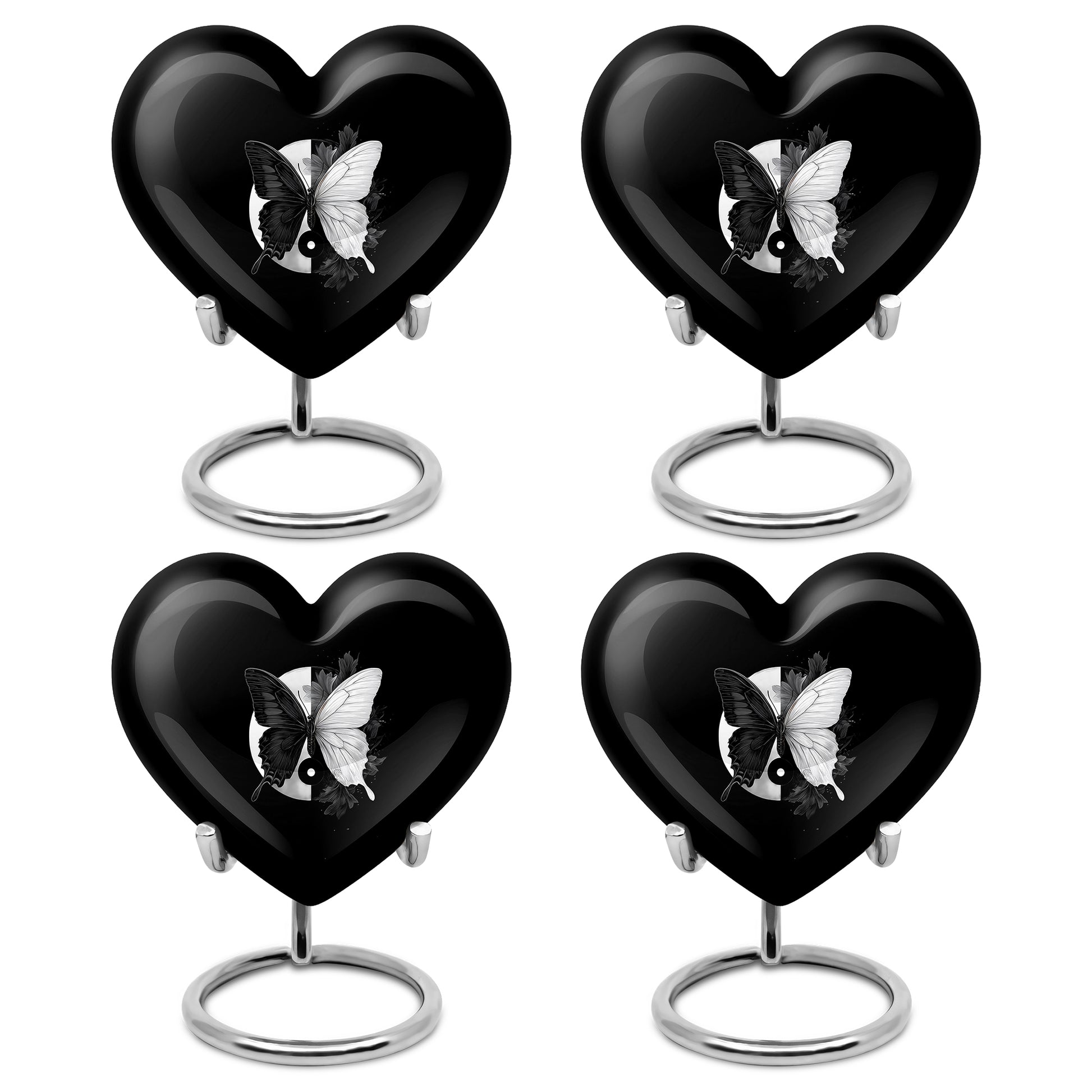 Rich Black Butterfly Cremation Urn angled view of lid and engraved motif - heart-shaped butterfly design symbolizing eternal love - 10 inch aluminum urn for cremated remains