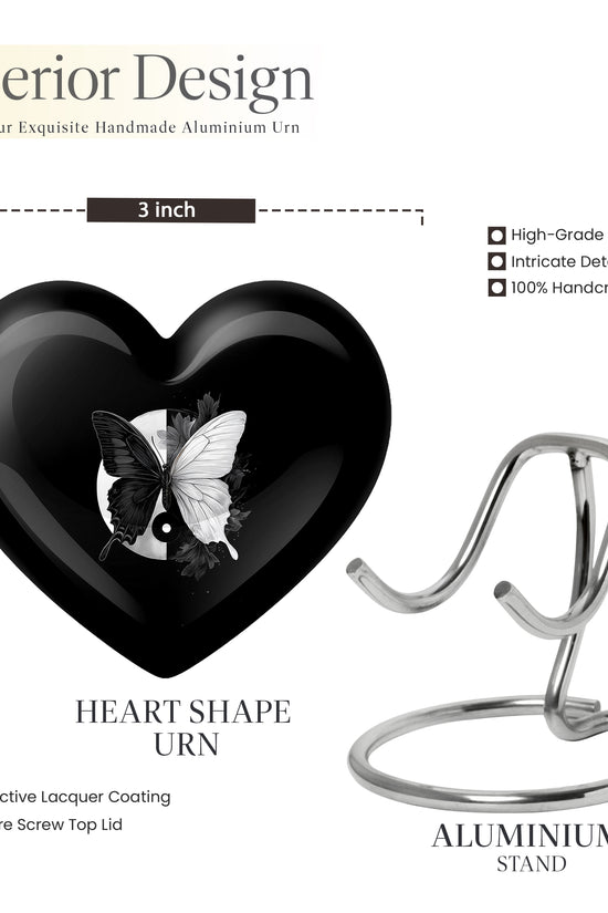Obsidian Black Butterfly Cremation Urn front view showing detailed design - compassionate heart-butterfly combination with gentle curves - mini keepsake memorial for portion of cremation ashes