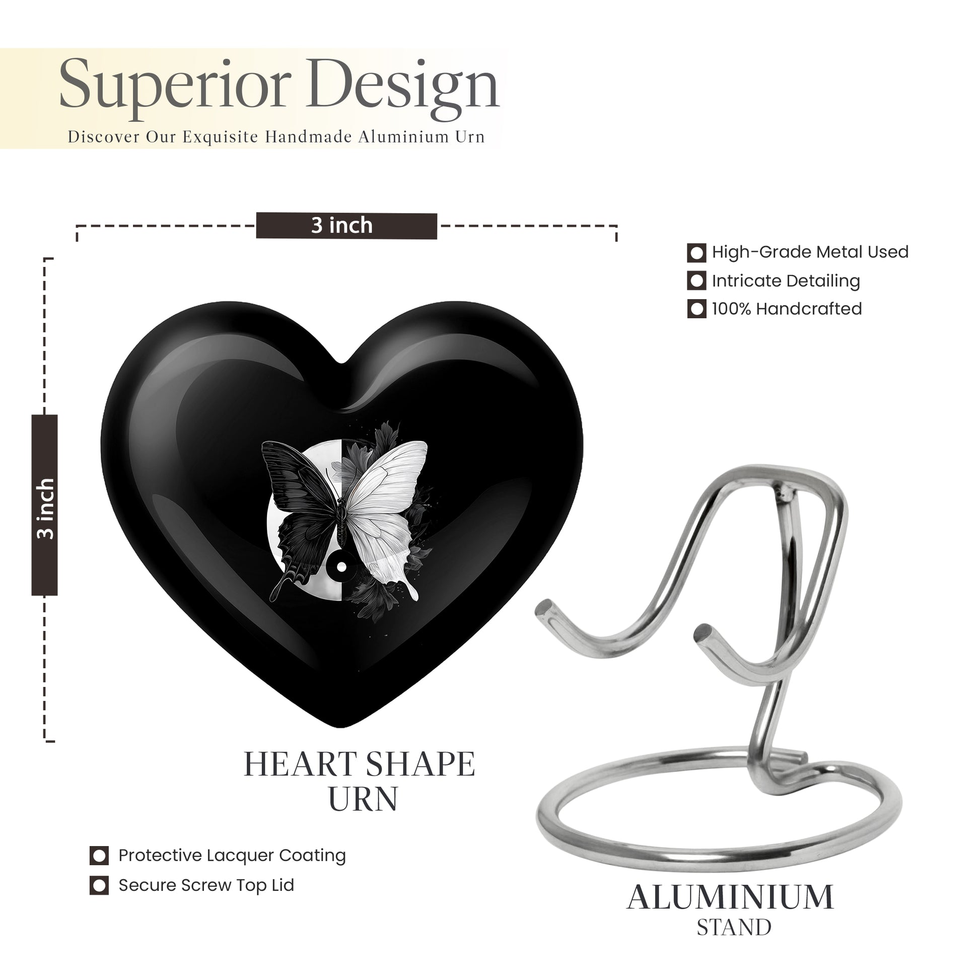 Obsidian Black Butterfly Cremation Urn front view showing detailed design - compassionate heart-butterfly combination with gentle curves - mini keepsake memorial for portion of cremation ashes