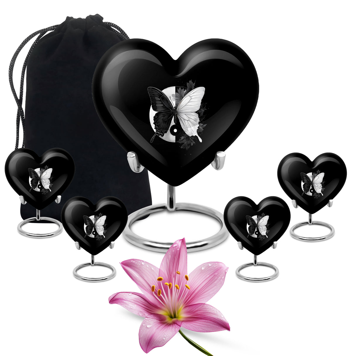Obsidian Black Butterfly Cremation Urn close-up of engraving and surface detail - compassionate heart-butterfly combination with gentle curves - memorial set with one large and four small urns