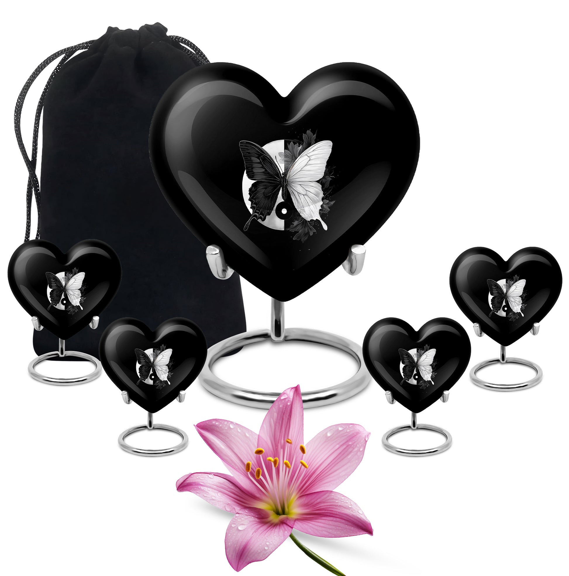 Obsidian Black Butterfly Cremation Urn close-up of engraving and surface detail - compassionate heart-butterfly combination with gentle curves - memorial set with one large and four small urns
