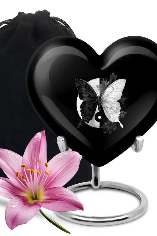 Jet Black Butterfly Cremation Urn detail view - loving heart memorial featuring butterfly pattern - full-size 10 inch 200 cubic inch adult cremation urn