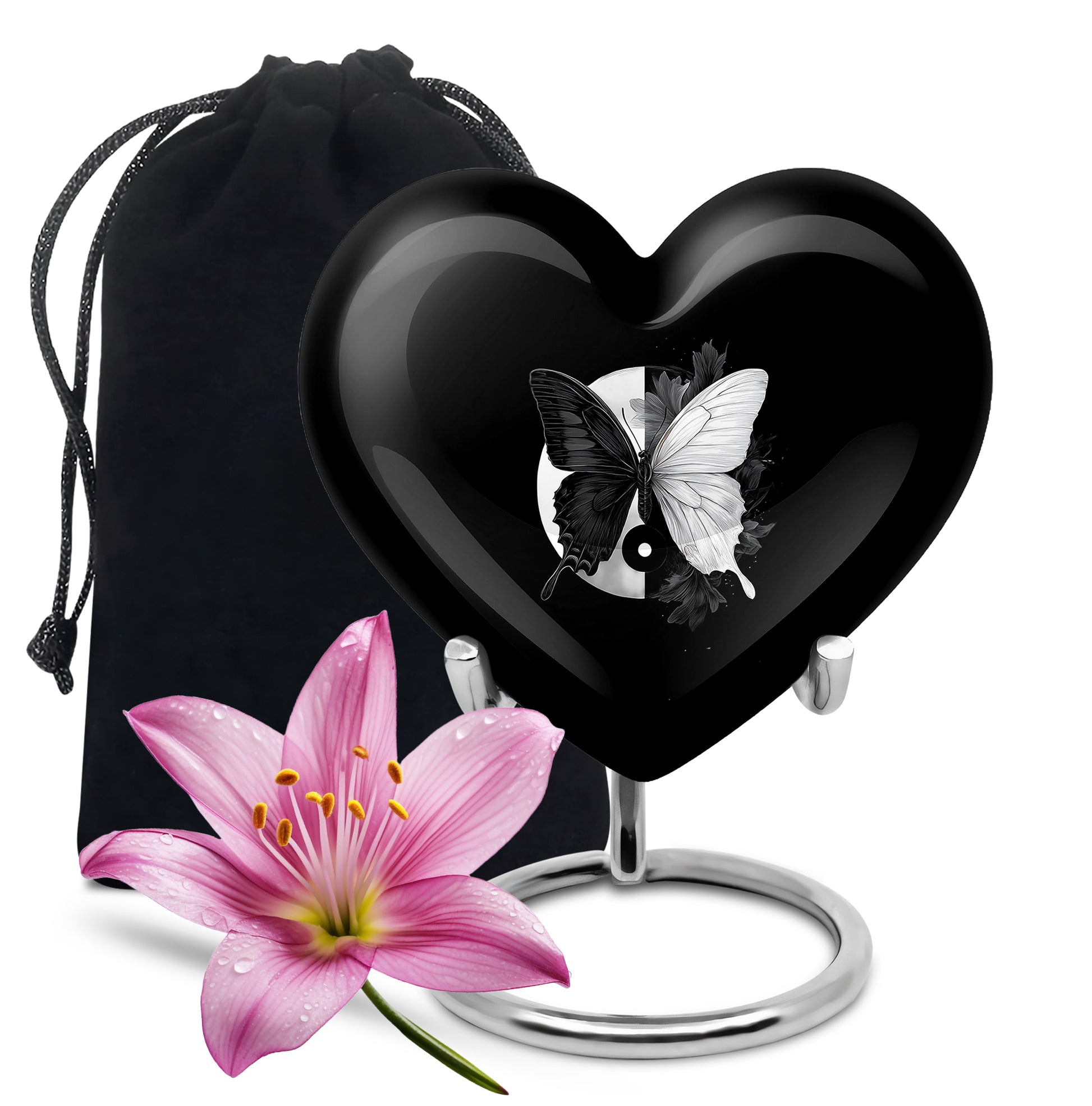 Jet Black Butterfly Cremation Urn detail view - loving heart memorial featuring butterfly pattern - full-size 10 inch 200 cubic inch adult cremation urn