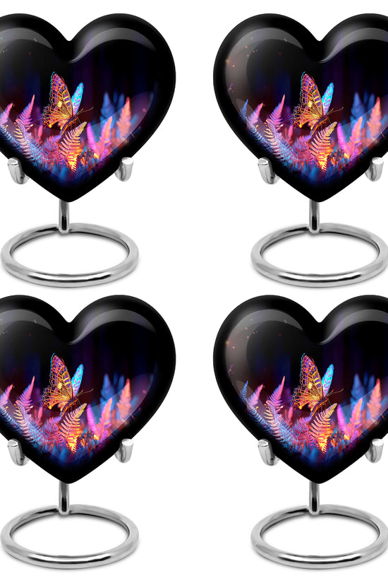 Deep Black Butterfly Cremation Urn angled view of lid and engraved motif - heart-shaped butterfly design symbolizing eternal love - 10 inch aluminum urn for cremated remains