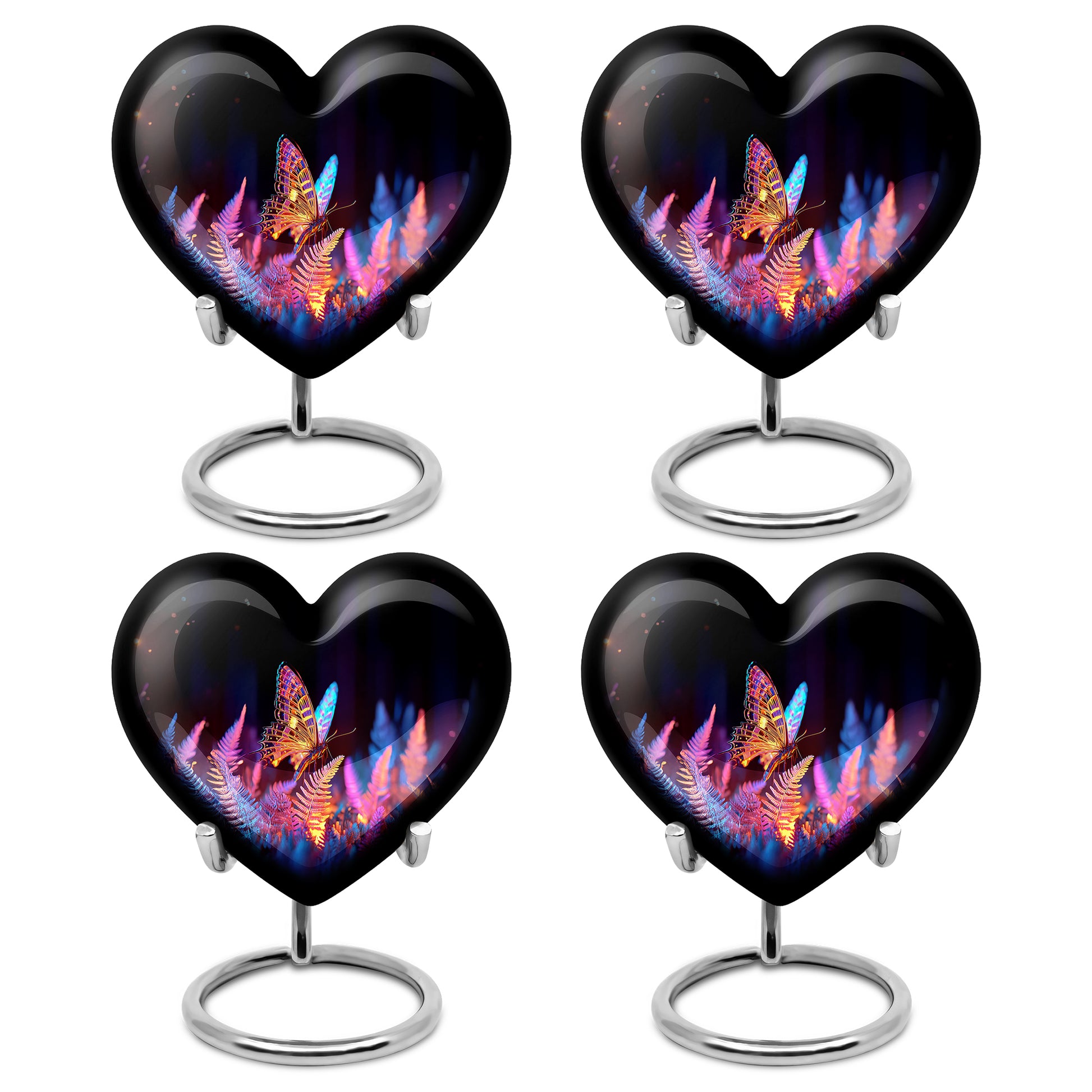 Deep Black Butterfly Cremation Urn angled view of lid and engraved motif - heart-shaped butterfly design symbolizing eternal love - 10 inch aluminum urn for cremated remains