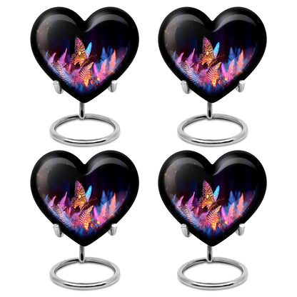 Deep Black Butterfly Cremation Urn angled view of lid and engraved motif - heart-shaped butterfly design symbolizing eternal love - 10 inch aluminum urn for cremated remains