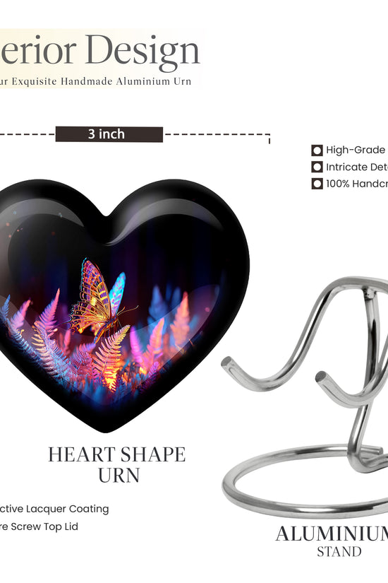 Jet Black Butterfly Cremation Urn front view showing detailed design - loving heart memorial featuring butterfly pattern - mini keepsake memorial for portion of cremation ashes