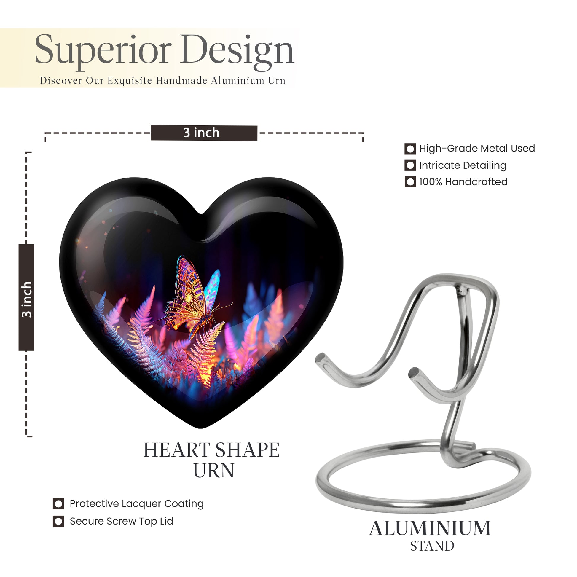 Jet Black Butterfly Cremation Urn front view showing detailed design - loving heart memorial featuring butterfly pattern - mini keepsake memorial for portion of cremation ashes
