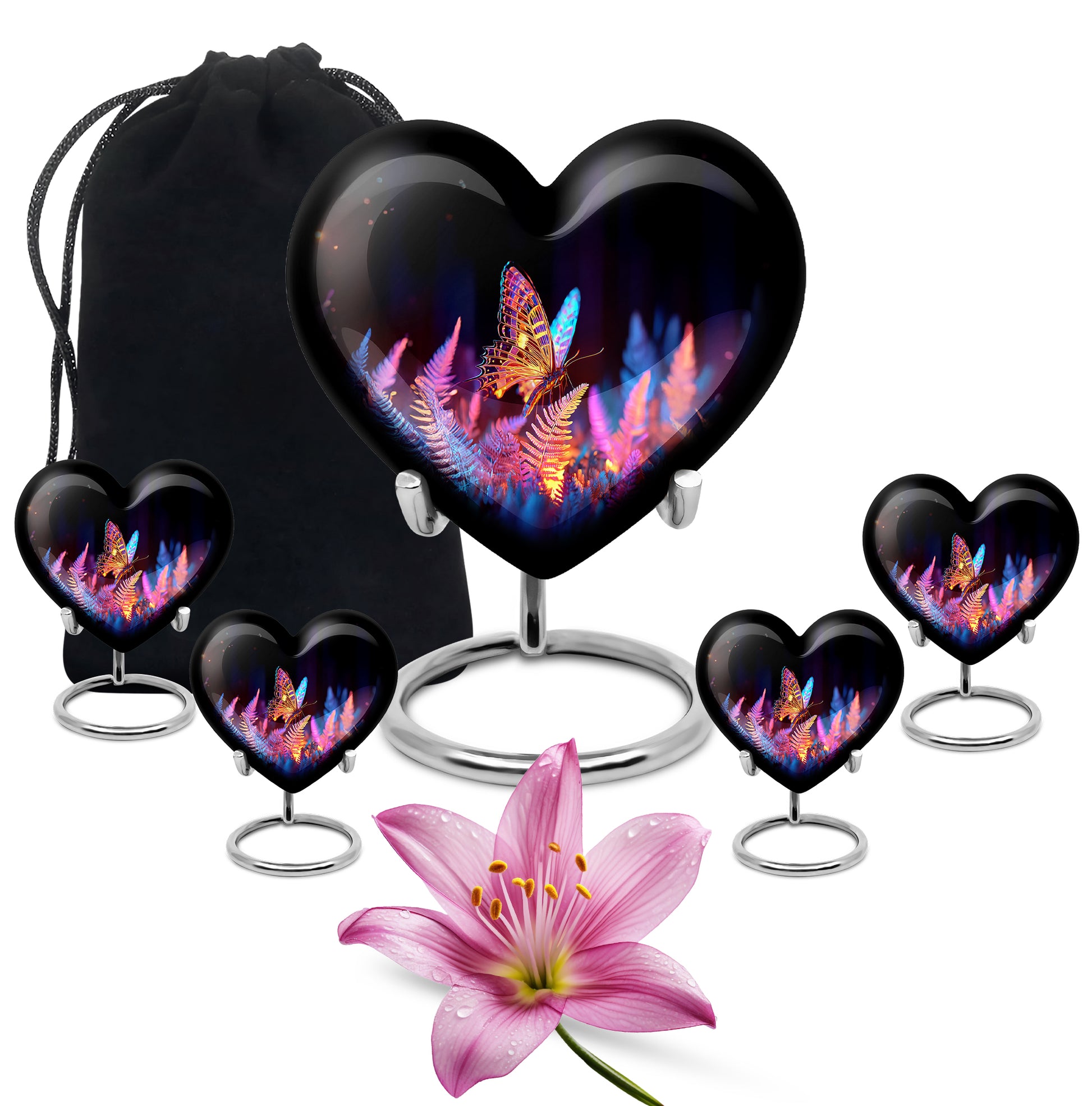 Onyx Black Butterfly Cremation Urn close-up of engraving and surface detail - compassionate heart-butterfly combination with gentle curves - memorial set with one large and four small urns