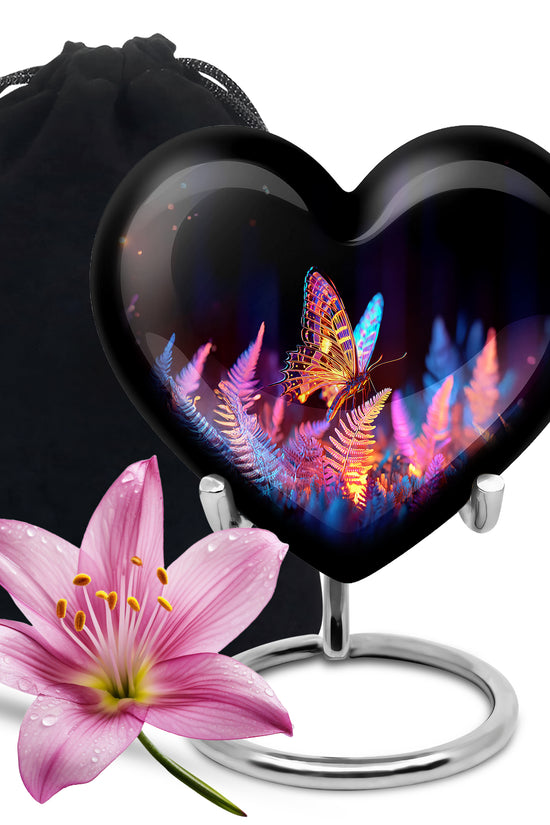Ebony Butterfly Cremation Urn detail view - loving heart memorial featuring butterfly pattern - full-size 10 inch 200 cubic inch adult cremation urn