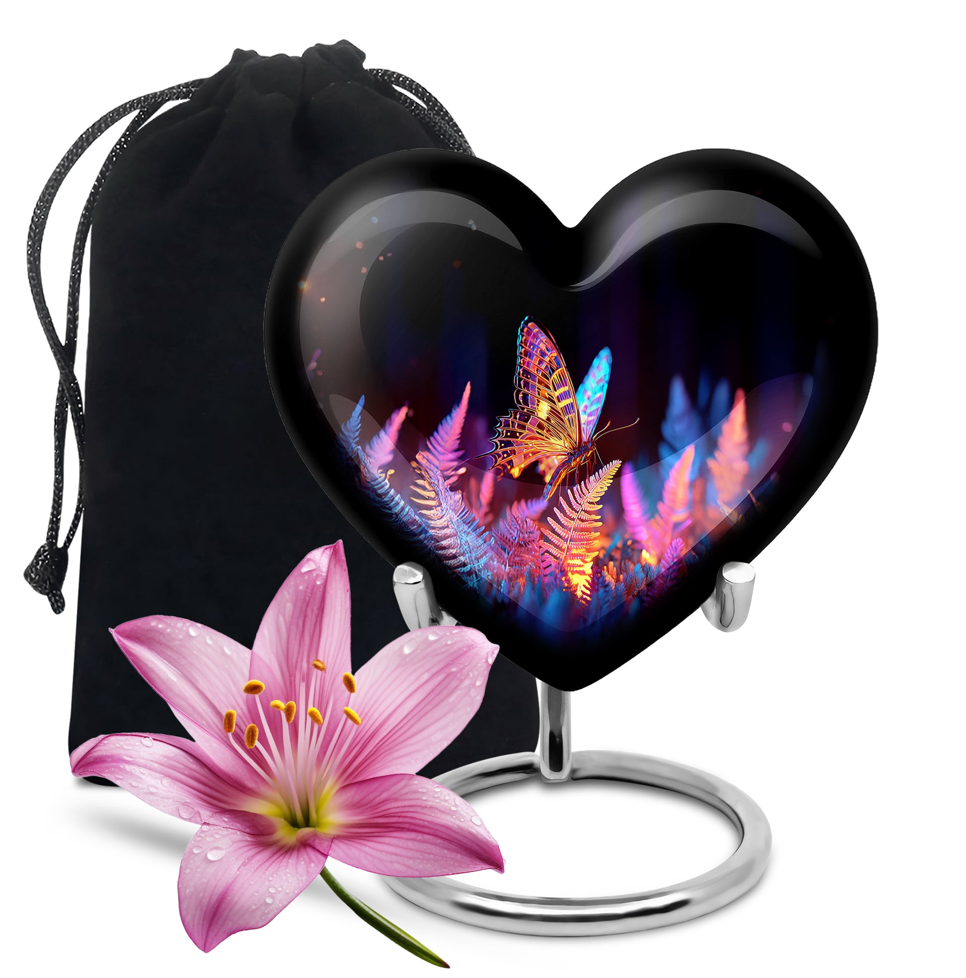 Ebony Butterfly Cremation Urn detail view - loving heart memorial featuring butterfly pattern - full-size 10 inch 200 cubic inch adult cremation urn