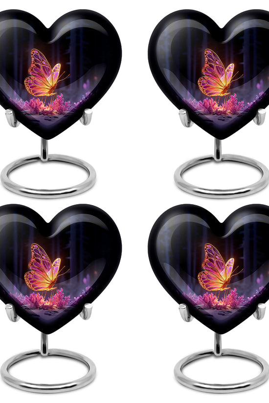 Rich Black Butterfly Cremation Urn angled view of lid and engraved motif - heart-shaped butterfly design symbolizing eternal love - 10 inch aluminum urn for cremated remains