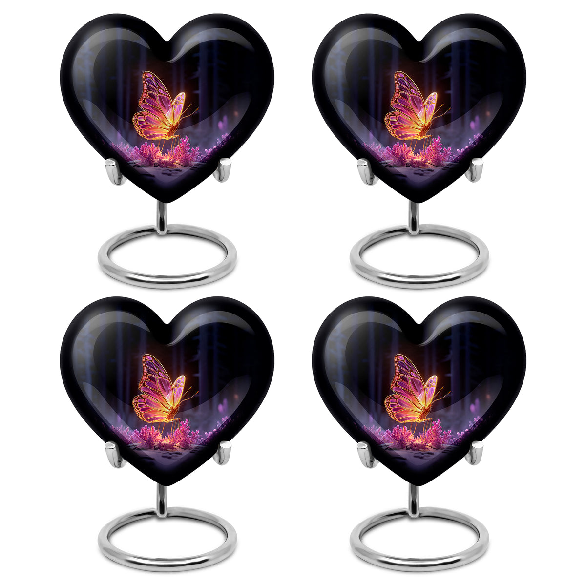 Rich Black Butterfly Cremation Urn angled view of lid and engraved motif - heart-shaped butterfly design symbolizing eternal love - 10 inch aluminum urn for cremated remains