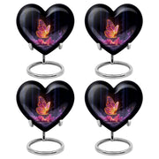 Rich Black Butterfly Cremation Urn angled view of lid and engraved motif - heart-shaped butterfly design symbolizing eternal love - 10 inch aluminum urn for cremated remains