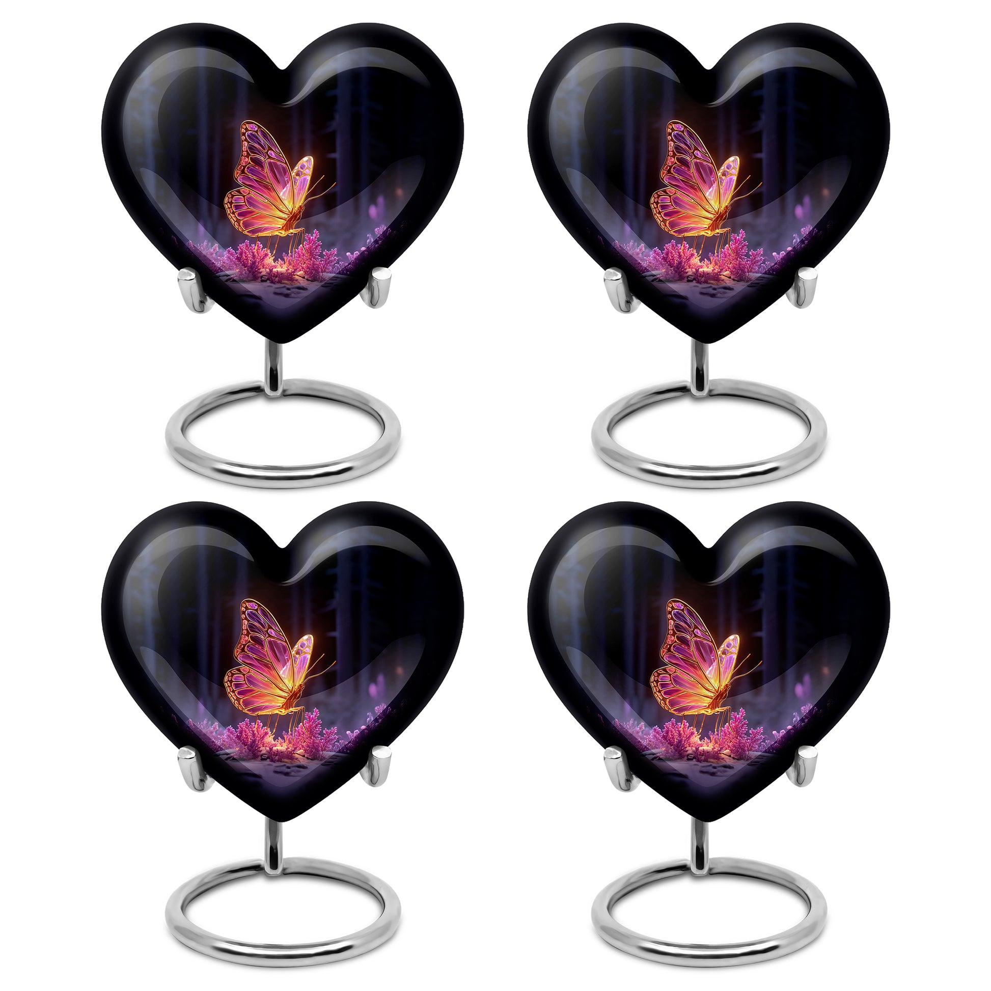 Rich Black Butterfly Cremation Urn angled view of lid and engraved motif - heart-shaped butterfly design symbolizing eternal love - 10 inch aluminum urn for cremated remains