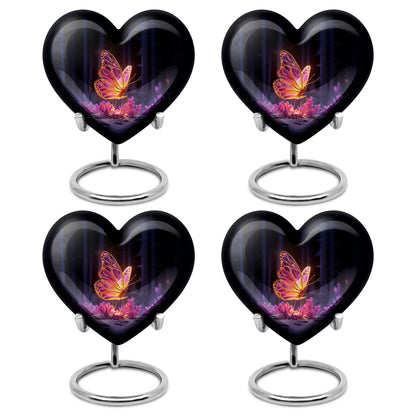 Rich Black Butterfly Cremation Urn angled view of lid and engraved motif - heart-shaped butterfly design symbolizing eternal love - 10 inch aluminum urn for cremated remains