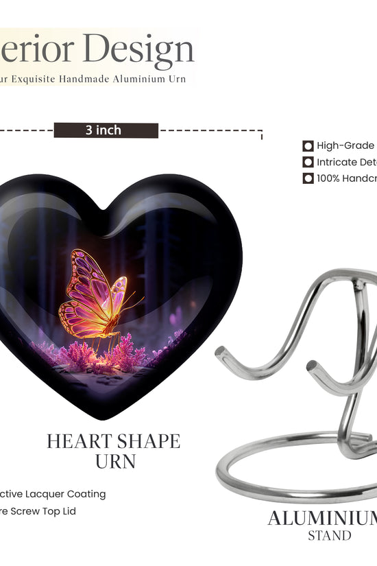 Onyx Black Butterfly Cremation Urn front view showing detailed design - romantic heart urn with butterfly motif on aluminum - mini keepsake memorial for portion of cremation ashes