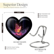 Onyx Black Butterfly Cremation Urn front view showing detailed design - romantic heart urn with butterfly motif on aluminum - mini keepsake memorial for portion of cremation ashes