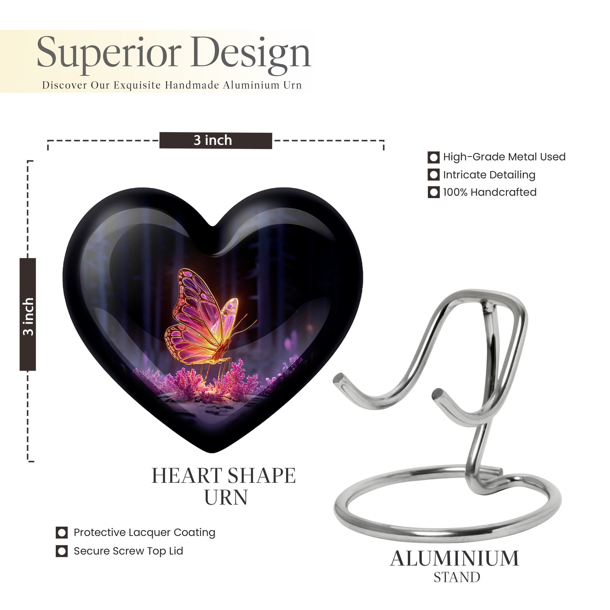 Onyx Black Butterfly Cremation Urn front view showing detailed design - romantic heart urn with butterfly motif on aluminum - mini keepsake memorial for portion of cremation ashes