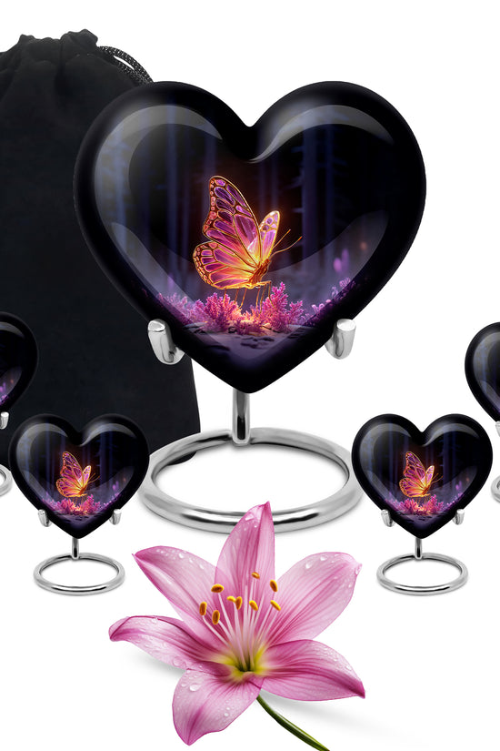 Glossy Black Butterfly Cremation Urn close-up of engraving and surface detail - loving heart memorial featuring butterfly pattern - memorial set with one large and four small urns