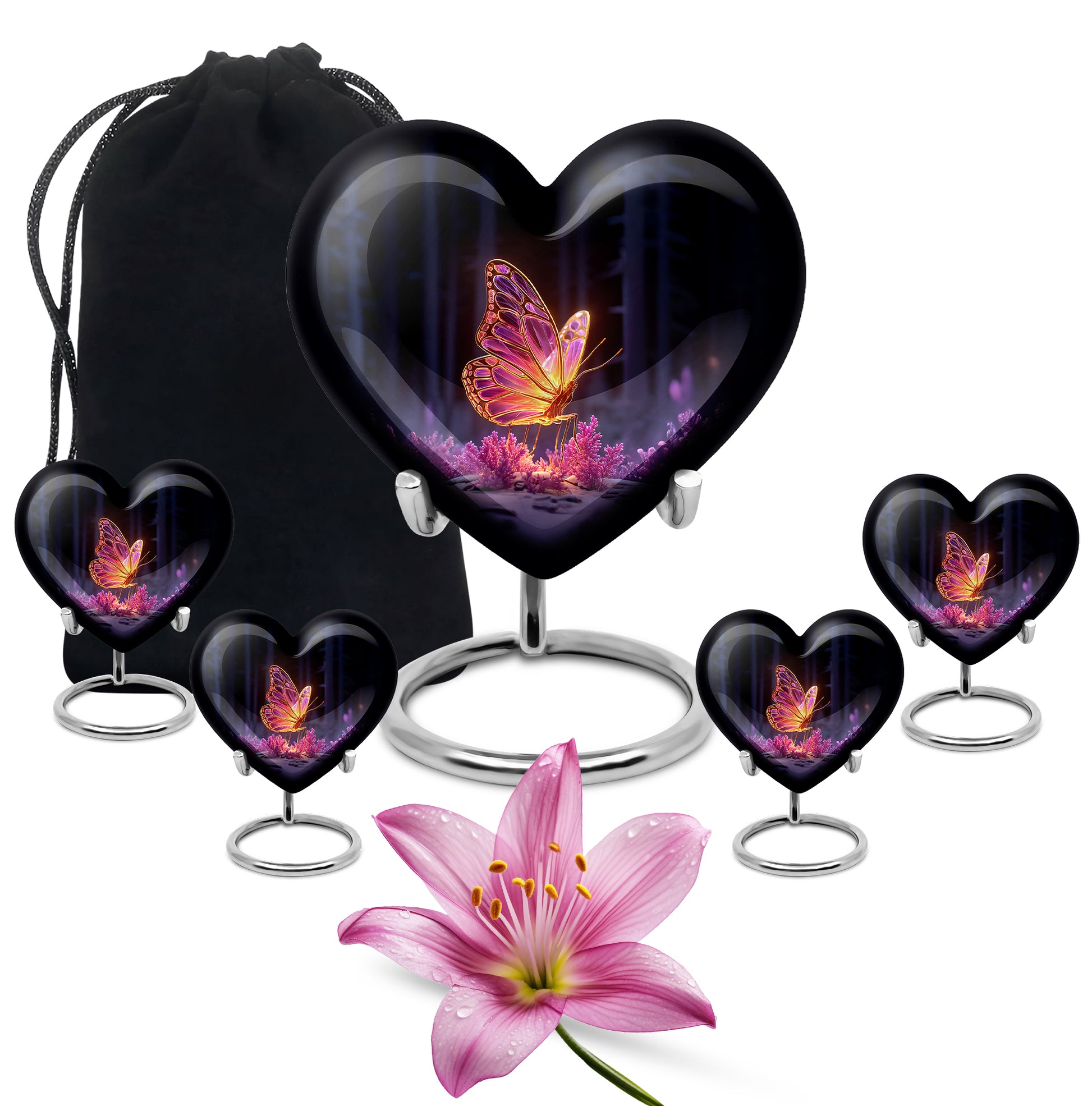 Glossy Black Butterfly Cremation Urn close-up of engraving and surface detail - loving heart memorial featuring butterfly pattern - memorial set with one large and four small urns