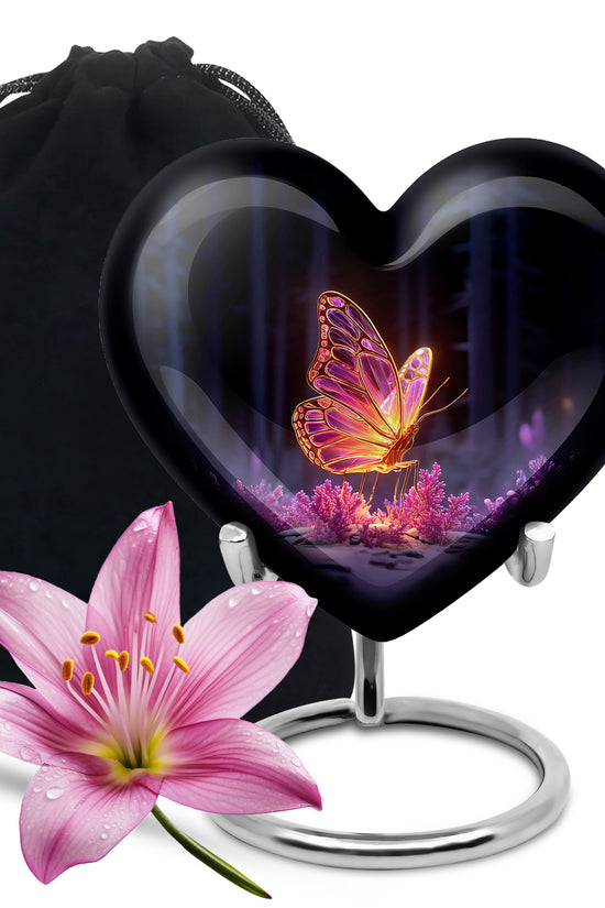 Rich Black Butterfly Cremation Urn detail view - heart-shaped butterfly design symbolizing eternal love - full-size 10 inch 200 cubic inch adult cremation urn