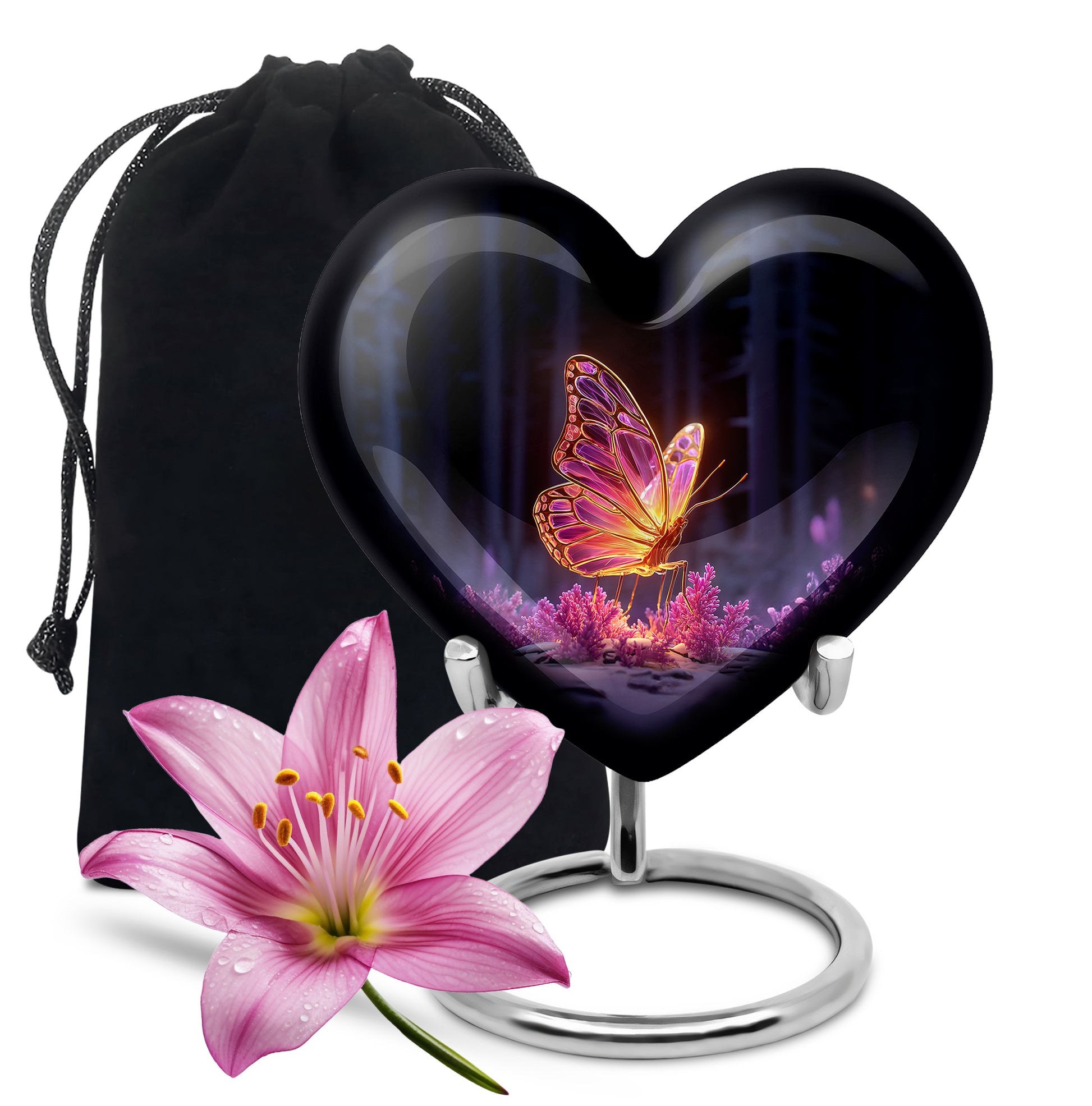 Rich Black Butterfly Cremation Urn detail view - heart-shaped butterfly design symbolizing eternal love - full-size 10 inch 200 cubic inch adult cremation urn
