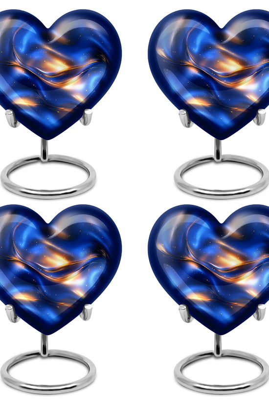 Indigo Blue Cremation Urn angled view of lid and engraved motif - loving heart memorial featuring blue pattern - 10 inch aluminum urn for cremated remains