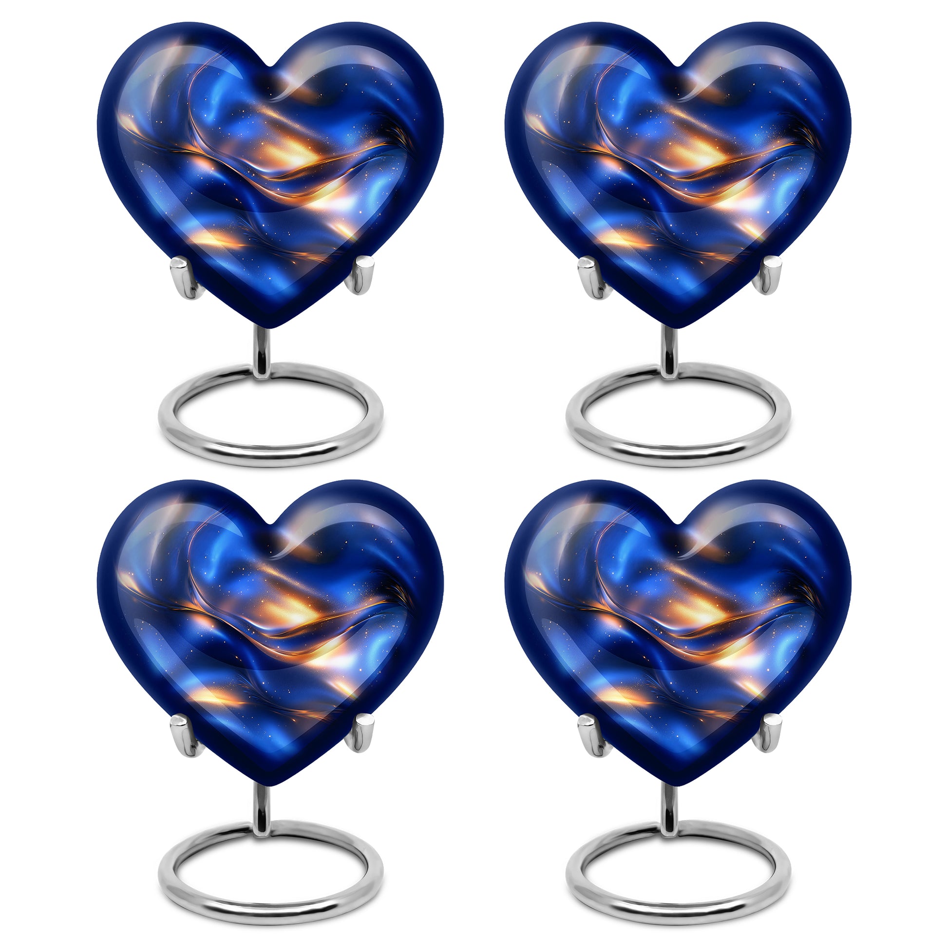 Indigo Blue Cremation Urn angled view of lid and engraved motif - loving heart memorial featuring blue pattern - 10 inch aluminum urn for cremated remains