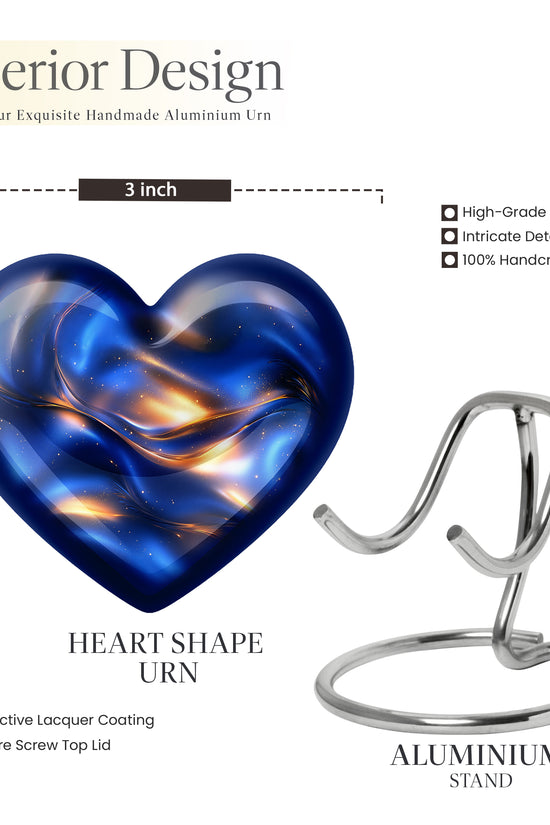 Indigo Blue Cremation Urn front view showing detailed design - loving heart memorial featuring blue pattern - mini keepsake memorial for portion of cremation ashes