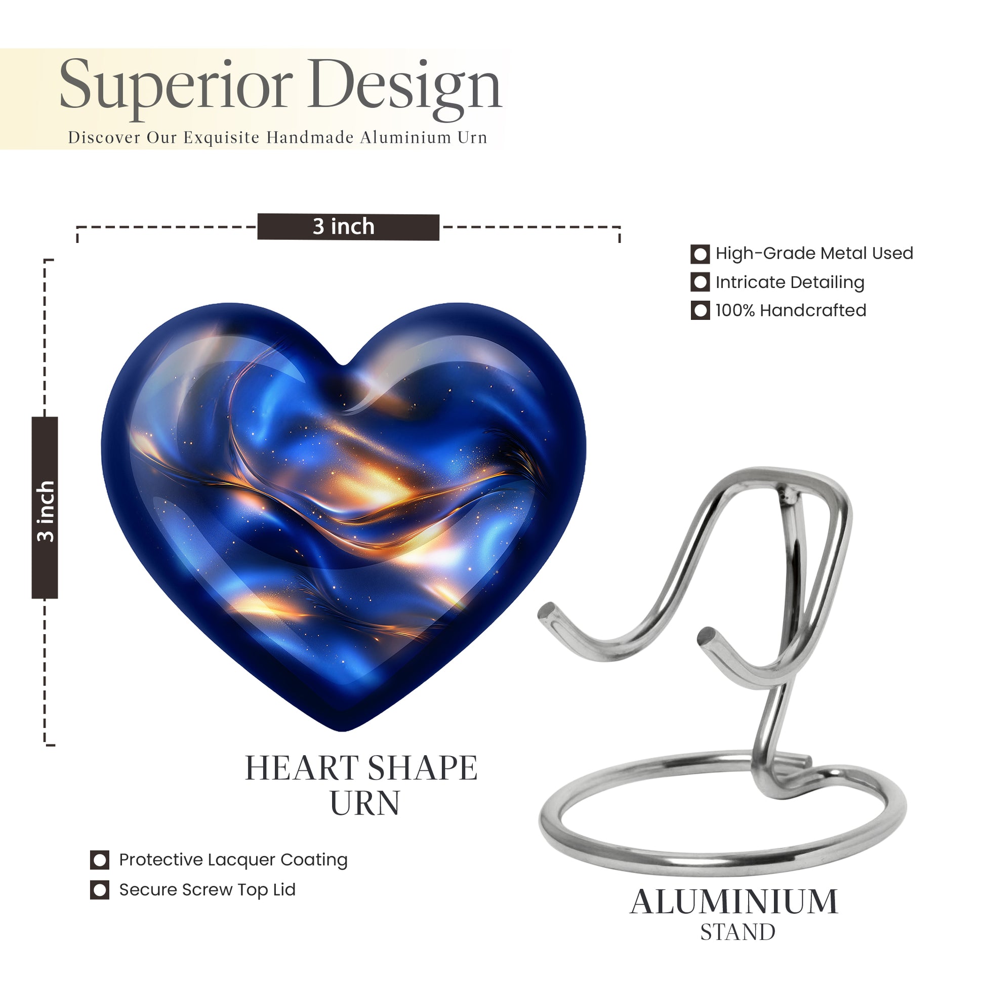 Indigo Blue Cremation Urn front view showing detailed design - loving heart memorial featuring blue pattern - mini keepsake memorial for portion of cremation ashes